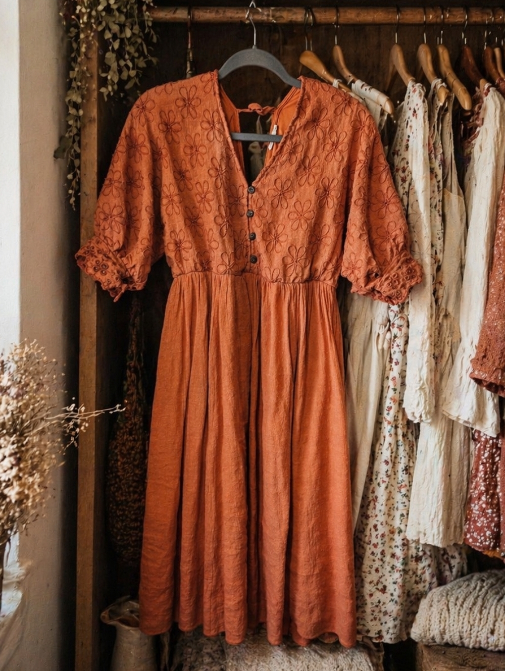 Kings Road Floral Boho Dress Size M Eyelet Sleeve V Neck Button Bodice